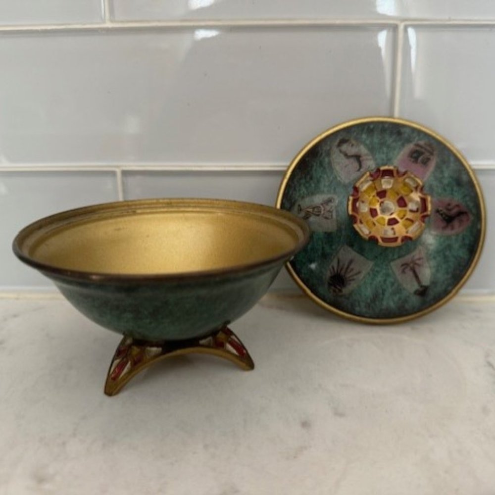 Metal Enamel Mosaic Footed Candy or Sugar Dish. Tribes of Israel. Zodiac